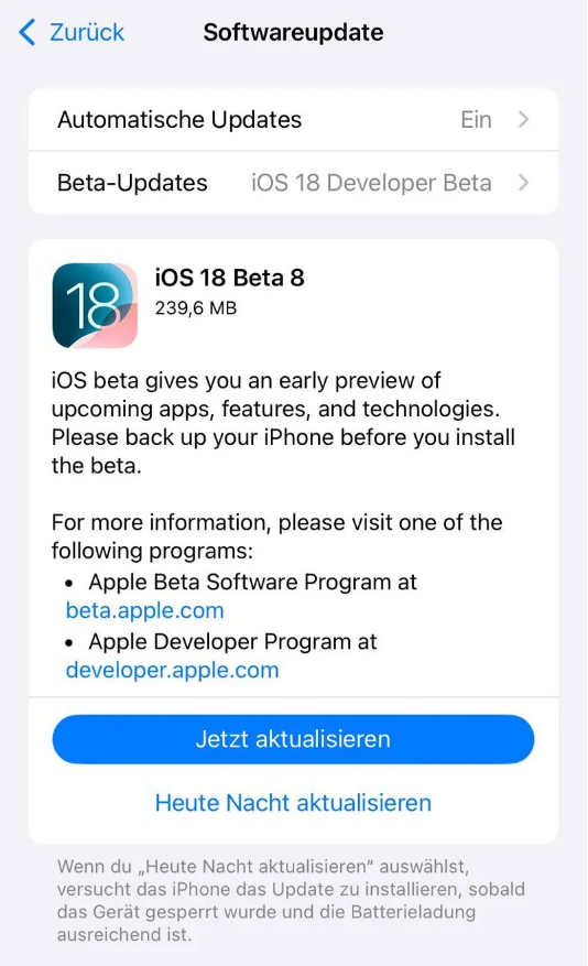 虎丘苹果手机维修分享苹果 iOS / iPadOS 18 开发者预览版 Beta 8 发布 